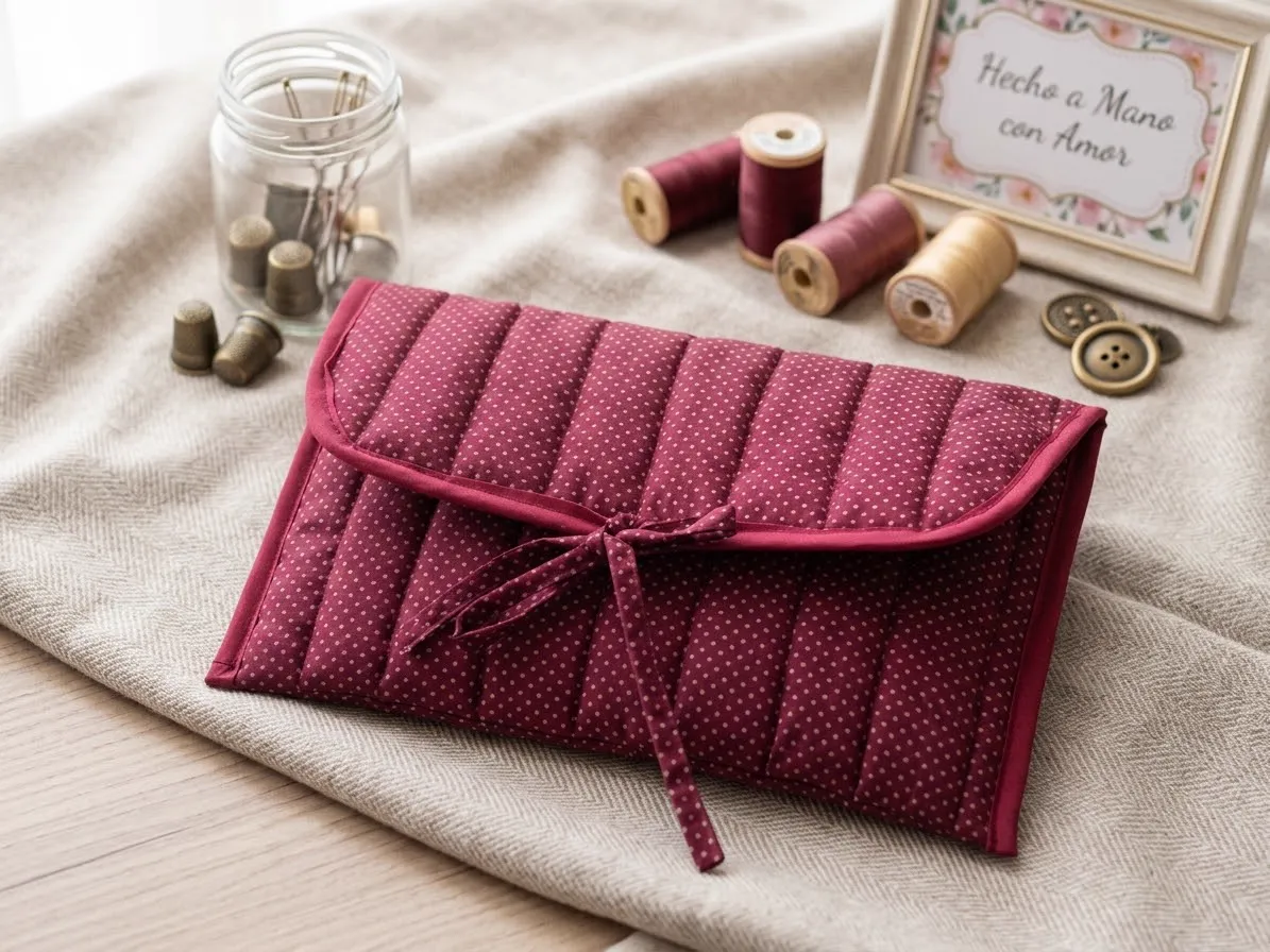 Funda acolchada para iPad en tela burdeos con topitos