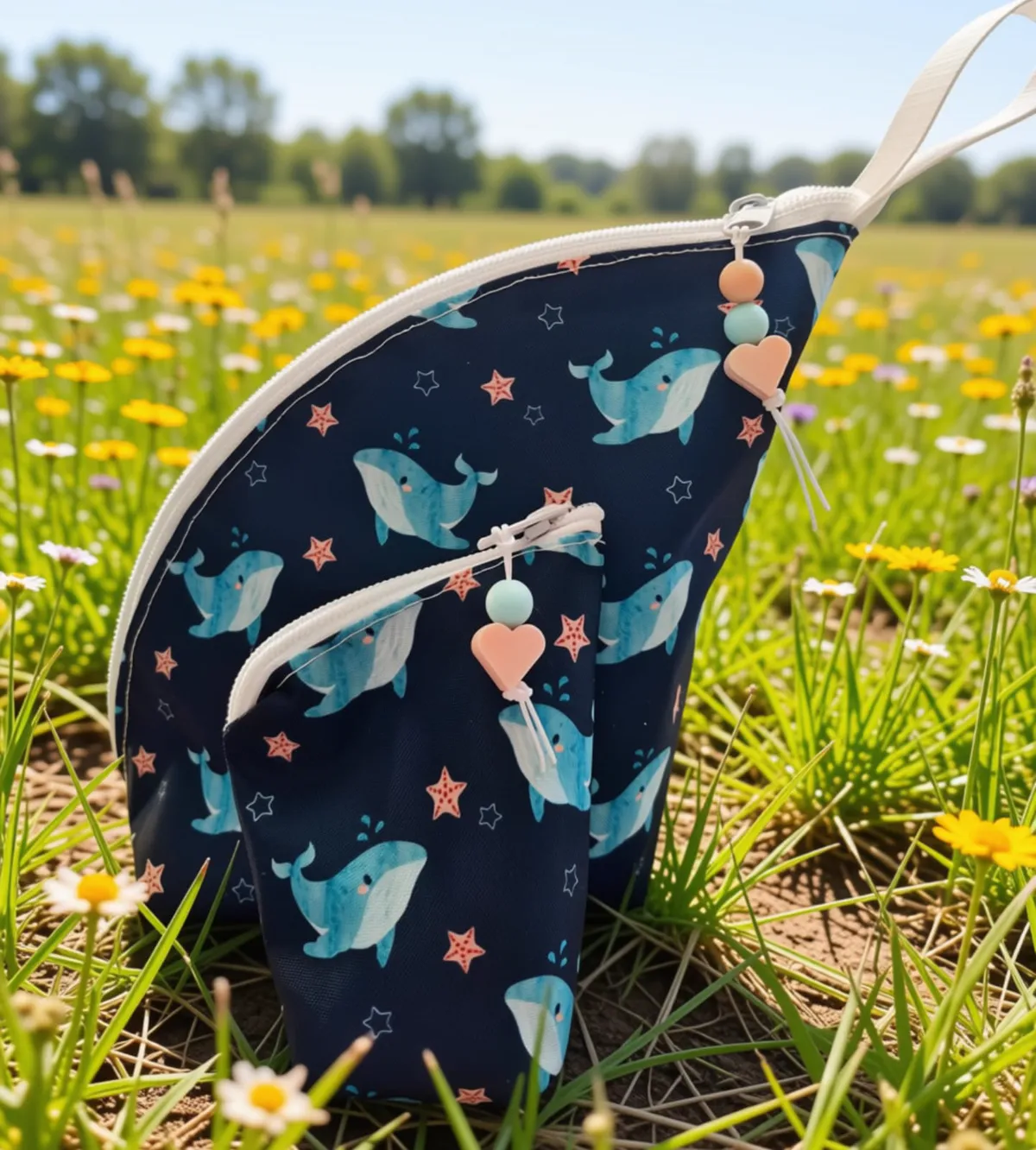Set porta taza y azucarero en tela impermeable con estampado de ballenas