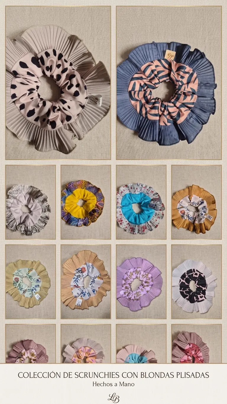 Colección de scrunchies con blondas plisadas y estampados variados